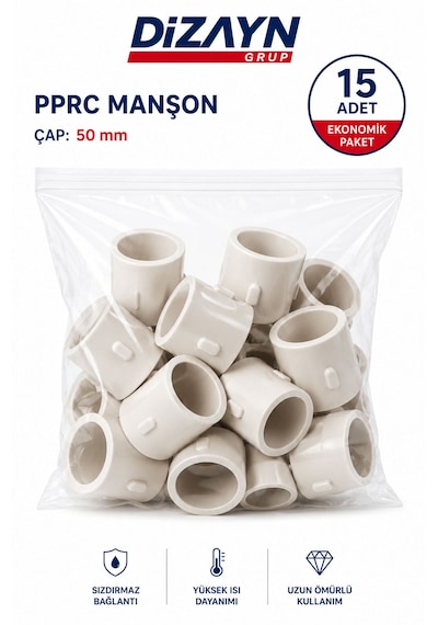 Dizayn Pprc Manşon 50 Mm 15 Adet Pn25 Temiz Su Tesisat Ek Parçası