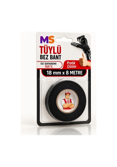 Yanmaz Tüylü Bez Bantı Kumaş 18 Mm X 8 Metre Kablo Sarma İzolasyon Bandı Isı Dayanımı 105 C Bantları