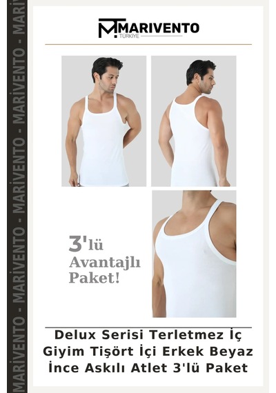Marivento Delux Serisi Terletmez İç Giyim Tişört İçi Erkek Beyaz İnce Askılı Atlet 3'lü Paket