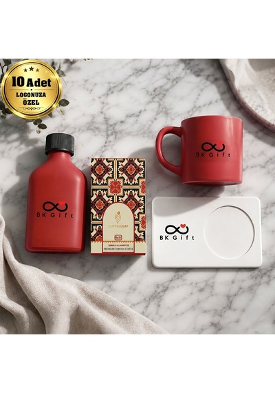 Logonuza Özel 10 Adet Kutulu Ahşap Altlıklı Kırmızı Fincan & Kolonya & & Aromalı Kahve Seti Ahşap Kutulu Kurumsal Hediye Seti