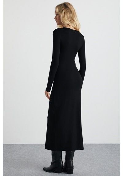Ethıquet Lurvın Kadın Viscon Likralı Dekolte Yaka Vücüdü Saran Bodycon Maxi Siyah Elbise