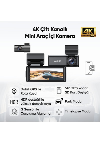 Laiser Bravo 1 Araç Kamerası 2 Kanal 2k + Fhd Arka Hdr Gps Wi-fi 3,2" Ips Ekran