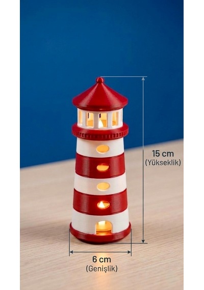 Dekoratif Tasarım Deniz Feneri Tealight - Kırmızı Beyaz Çok Renkli