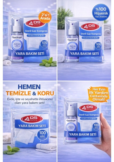 Steril Gazspanç 7,5 7,5 Cm 100 Adet + Cleansmart 50 Ml Dezenfektan Sprey Yara Bakım Seti