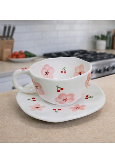 Seramik Tabaklı Çiçek Desenli Kupa - Renk Seçenekli Pembe