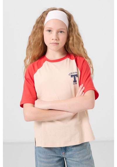 Bej O Yaka Pamuklu Baskılı Oversize Fit Kız Çocuk T-shirt - 75179 Bej