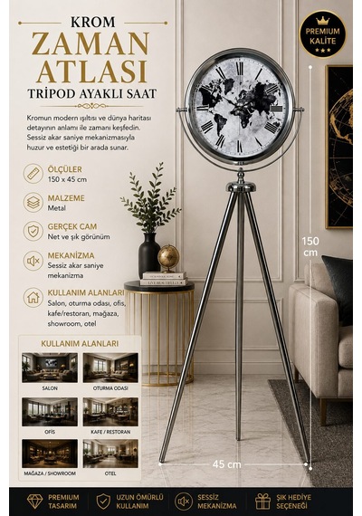 Krom Zaman Atlası 150 X 45 Cm Metal Duvar Saati