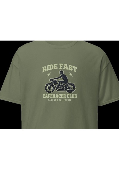 Wildstyle Ride Fast Caferacer Club Motosiklet Vintage Cafe Baskılı Unisex Bisiklet Yaka Pamuklu Tişört - Haki