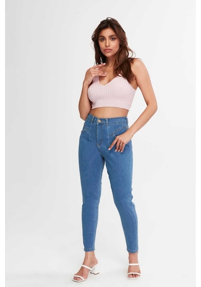 Shevega Kadın Mavi Ön Contali Likrali Dar Paça Jeans Pantolon Mavi