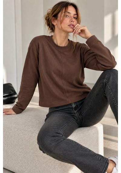 Bb Butik Basic Ön Dikiş Detaylı Basic Sweatshirt Günlük Rahat Kesim My3535 Kahverengi