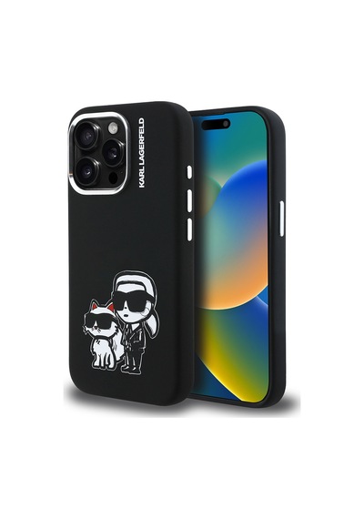 Apple iPhone 15 Pro Max Uyumlu Kılıf Karl Lagerfeld Lisanslı Karl & Choupette Sketch Logo Sililkon Siyah