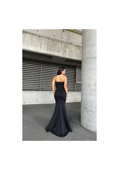 DefyModa Kadın Esnek Likralı Kumaş Straplez Maxi Abiye Elbise Siyah