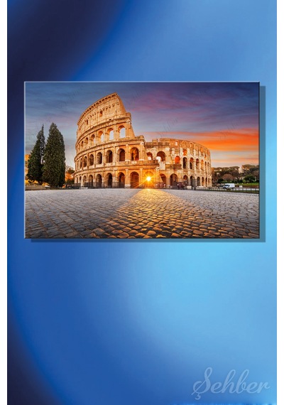 Gün Batımında Roma'da Yer Alan Tarihi Kolezyum Colosseum Yatay Kanvas Tablo 4267 Çok Renkli