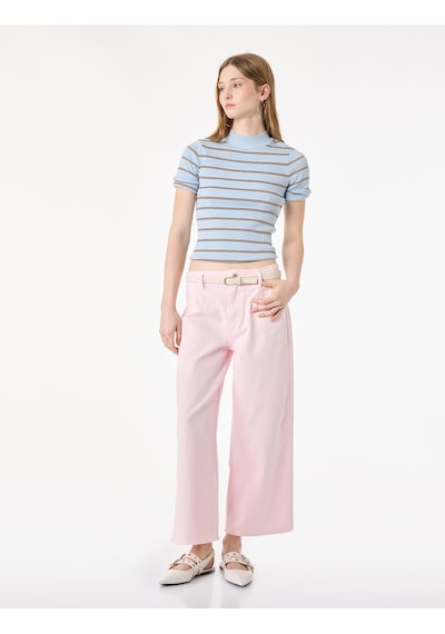 Koton Kemer Detaylı Pamuklu Kısa Geniş Paça Pantolon - Wide Leg Jeans Pembe 6sal40052mw Gül