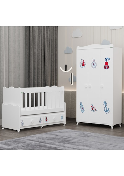 Elegant Beşik Ve Yıldız 3 Kapaklı Dolap - Denizci Beyaz