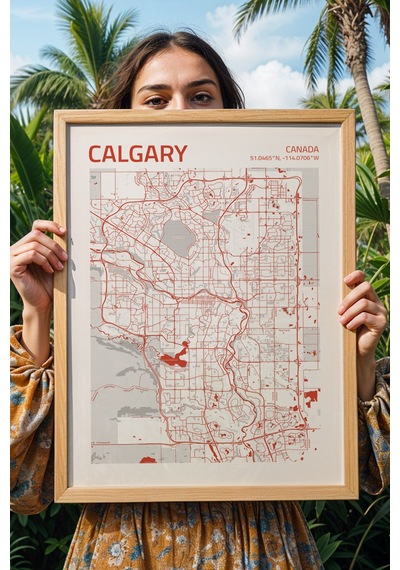 Calgary Kanada Canada Haritası Çerçeveli Tablo Lüks Salon Ofis Duvar Dekorasyonu Hediyelik Tablo Kayın