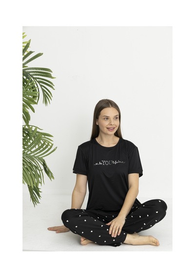 Estiva Kadın Kalp Alt Desenli Kısa Kollu Soft Pijama Takımı Siyah
