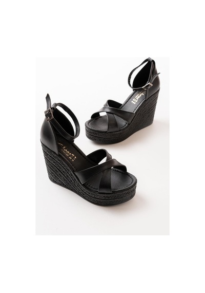 Asmi Shoes Kadın Çapraz Bantlı Dolgu Topuklu 11cm Ayakkabı Rahat Yüksek Topuklu 700 Siyah Siyah