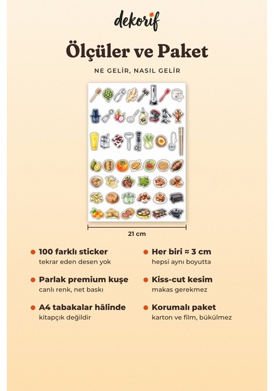 Mutfak Sticker Seti 100 Adet - Yemek Pişirme Gereçleri Ve Malzemeleri Suluboya Ajanda Çıkartma Çok Renkli