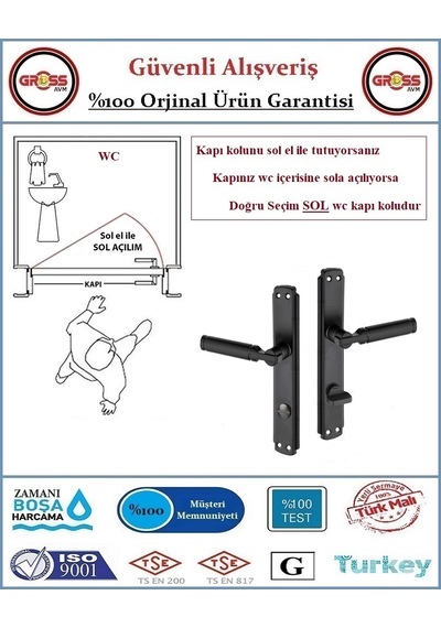 Parçalı Wc Banyo Kapı Kolu - Mat Siyah - 1 Takım Ön Ve Arka - Sol