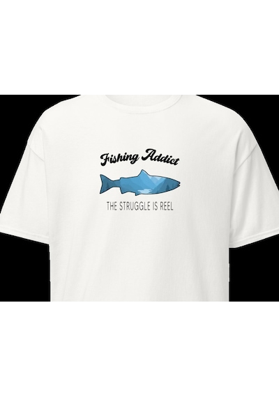 Wildstyle Fishing Addict Struggle Is Reel Balıkçılık Esprili Baskılı Unisex Bisiklet Yaka Pamuklu Tişört Beyaz