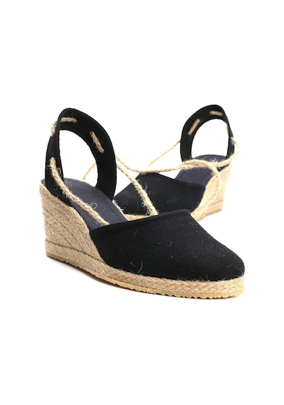 Gerçek Elişi Topuğu Açık Bilekten Bağlamalı Bej Dolgu Topuk Keten Hasır Espadril Handmade Siyah
