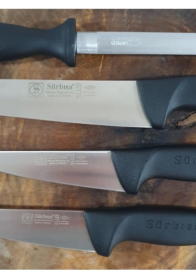 Handmade Sürmene Kasap Kurban Serisi Bıçak Seti Et Sebze Yüzme Sıyırma 3lü + Solingen 8 Bileyici Çok Renkli