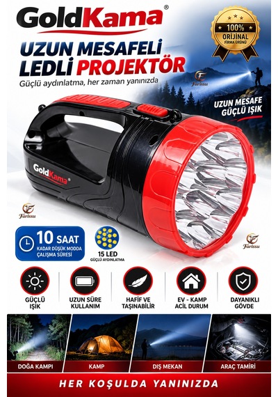 15 Led Şarj Edilebilir El Feneri Projektör 2 Kademeli Uzun Menzilli Güçlü Işıldak Siyah