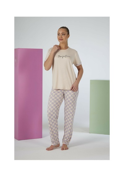 Estiva Kadın Kareli Alt Desenli Kısa Kollu Soft Pijama Takımı Bej