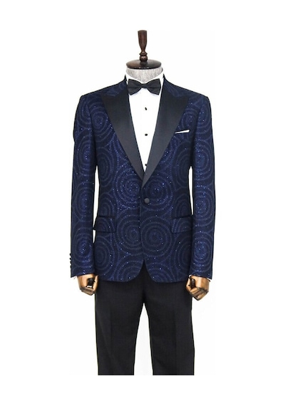 Wessi Hipnoz Desen Sivri Yaka Slim Fit Lacivert Erkek Smokin Ceket Lacivert