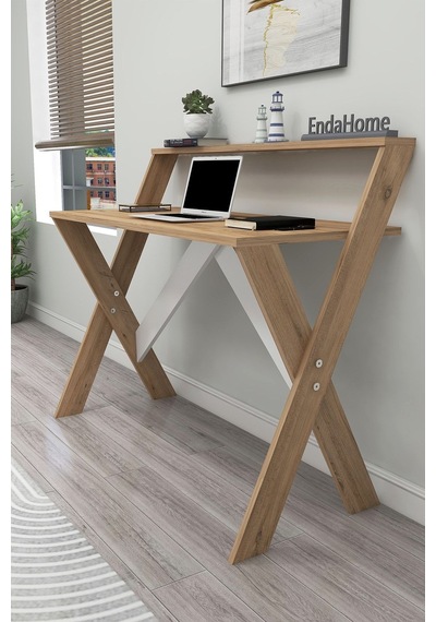 Enda Home X Ayaklı Raflı Ders Çalışma Masası 50x90 Cm Çam Bej
