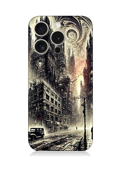 Apple Uyumlu iPhone 15 Pro Gotik Şehir Desenli Silikon Kılıf Silikon