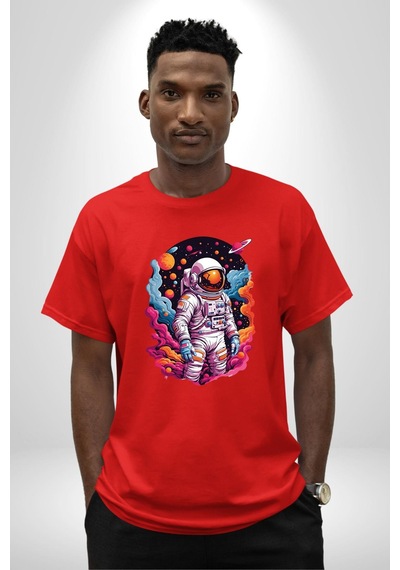 Ay Mars Astronot Pamuklu Bisiklet Yaka Unisex Oversize Boyfriend Dijital Baskılı Kırmızı T-shirt Kırmızı