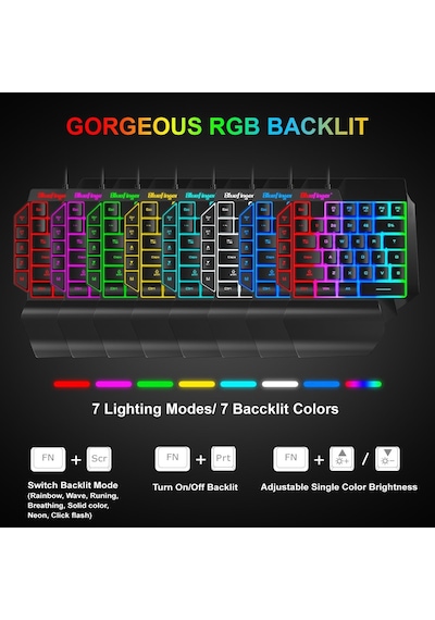 Tek El Rgb Oyun Klavyesi, Usb Kablolu Gökkuşağı Harfleri Parlayan Tek El Klavyesi Bilek Desteği Multimedya Tuşlar