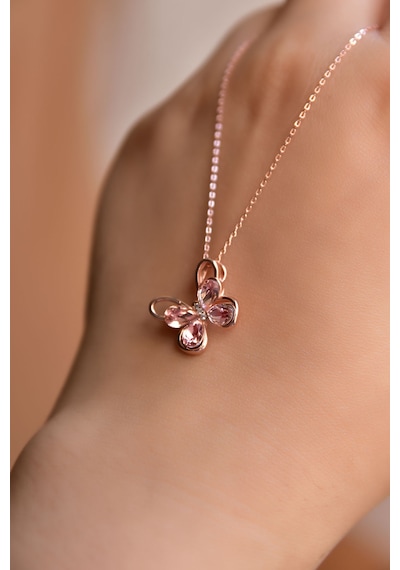 Papatya Silver 925 Ayar Gümüş Rose Kaplama Zirkon Taşlı Pembe Morpho Kelebeği Kolye