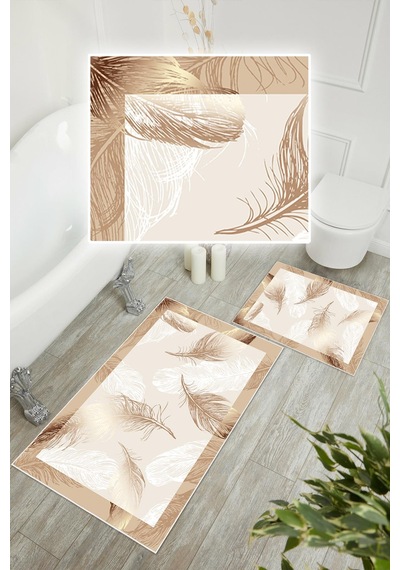 Dijital Baskı Tüy Desen Kaymaz Taban 2li Set Banyo Paspası Klozet Takımı 50x60cm-60x100cm Krem