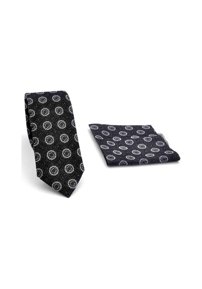 Gaffy Gri Yuvarlak Desenli Siyah Dokuma Kumaş Mendilli Slim Fit Kravat // Sdk-250204 Siyah