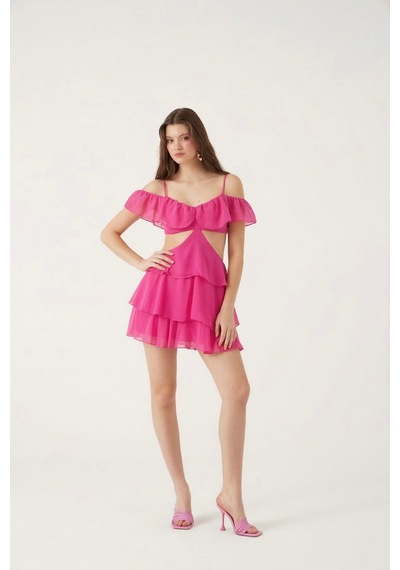 Holly Lolly Mini Boy Dekolteli Açık Omuz Detaylı Ruby Elbise Pembe