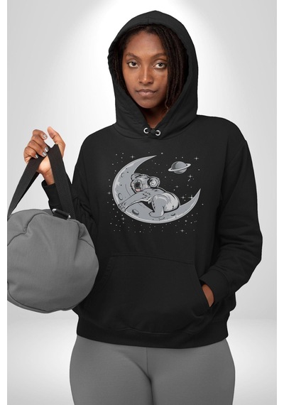 Kuala Sancar Uyuyor Ay Mars Kadın Erkek Siyah Kapüşonlu Sweatshirt Hoodie Siyah