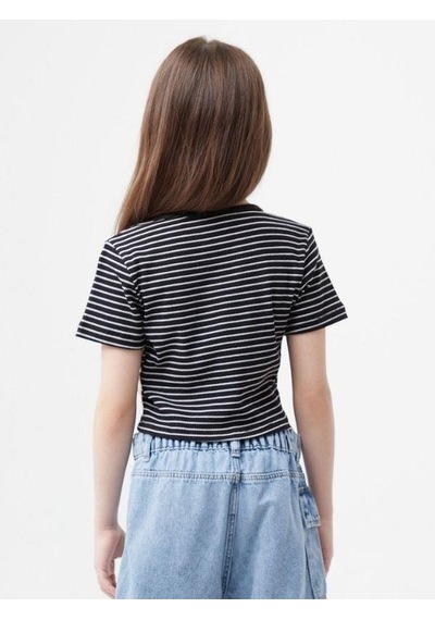 Zekids Kız Çocuk Lc Aplikeli Çizgili Crop T-shirt-13940 Siyah
