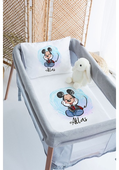 Lilabio %100 Pamuk Saten İsme Özel İsimli 70x120 Park Yatak Nevresim Seti Mutlu Mickey