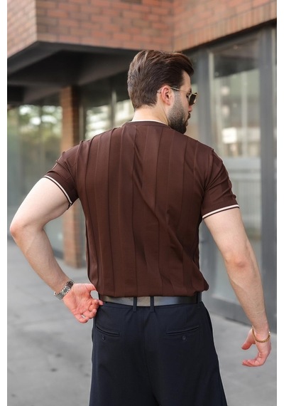 Madmext Kahverengi Bisiklet Yaka Regular Fit Triko Erkek Tişört E7487