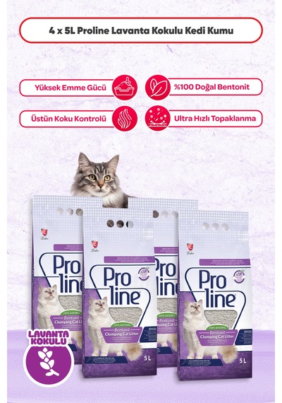 Proline Lavanta Kokulu Bentonit Kedi Kumu 5 Lt. X 4 Adet
