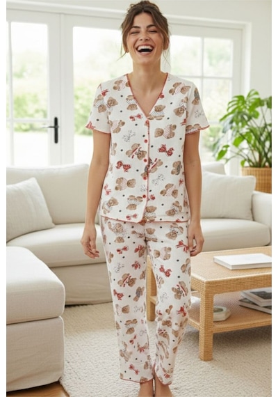 Siyah İnci Yumuşak Tuşe Yazlık Fitilli Pamuklu Örme Pijama Takım 7994 Ayıcık Desenli