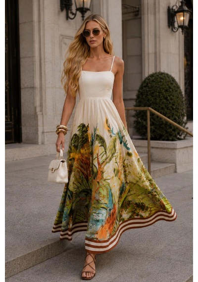 Asprinfashion Askılı Dijital Baskılı Maxi Elbise Yeşil