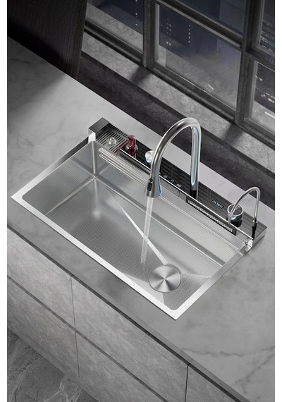 Premium Krom Akıllı Mutfak Evyesi- 75x46 Cm Çok Fonksiyonlu- Lüx Dijital Akıllı Eviye Seti Silver