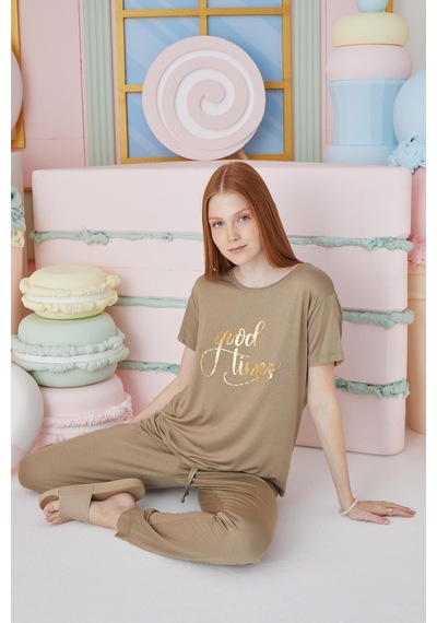Sevim Kadın Kısa Kol Yağ Yeşili Pijama Takım C3t0n551 001
