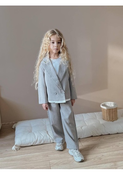 Miniko Kids Kız Çocuk Poliviskon Çizgili Blazer Ceket Pantolon Dokuma Kumaş Takım Gri