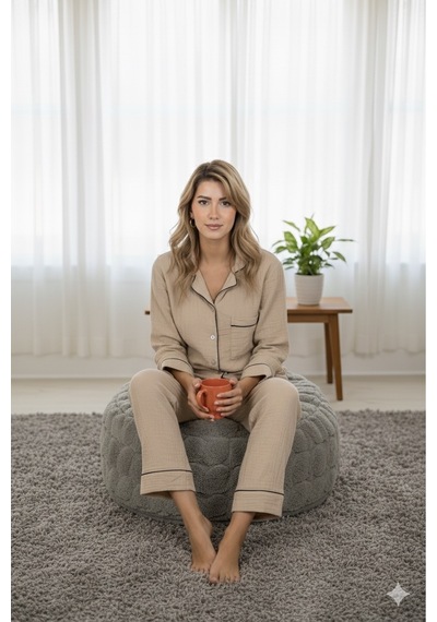 Varol %100 Pamuk Müslin Kadın Pijama Takımı - Bej Bej