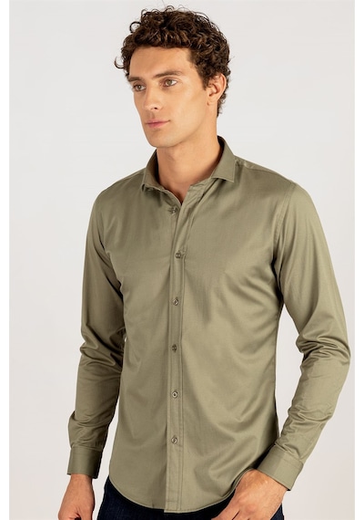 Tudors Slim Fit Dar Kesim Likralı Düz Saten Erkek Gömlek-19934 Yeşil